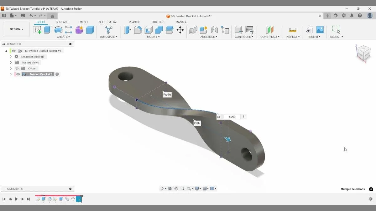 fusion final geometry after sweep twisted bracket tutorial
