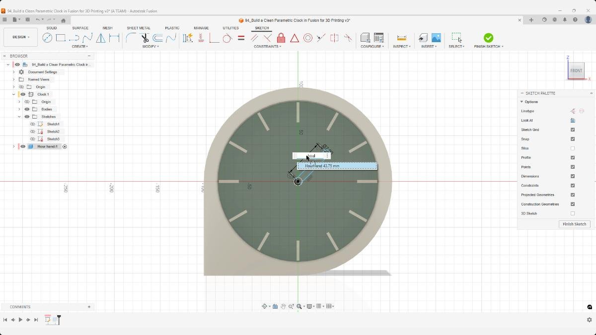 Dimensioning the hour hand sketch in Fusion using parametric constraints.