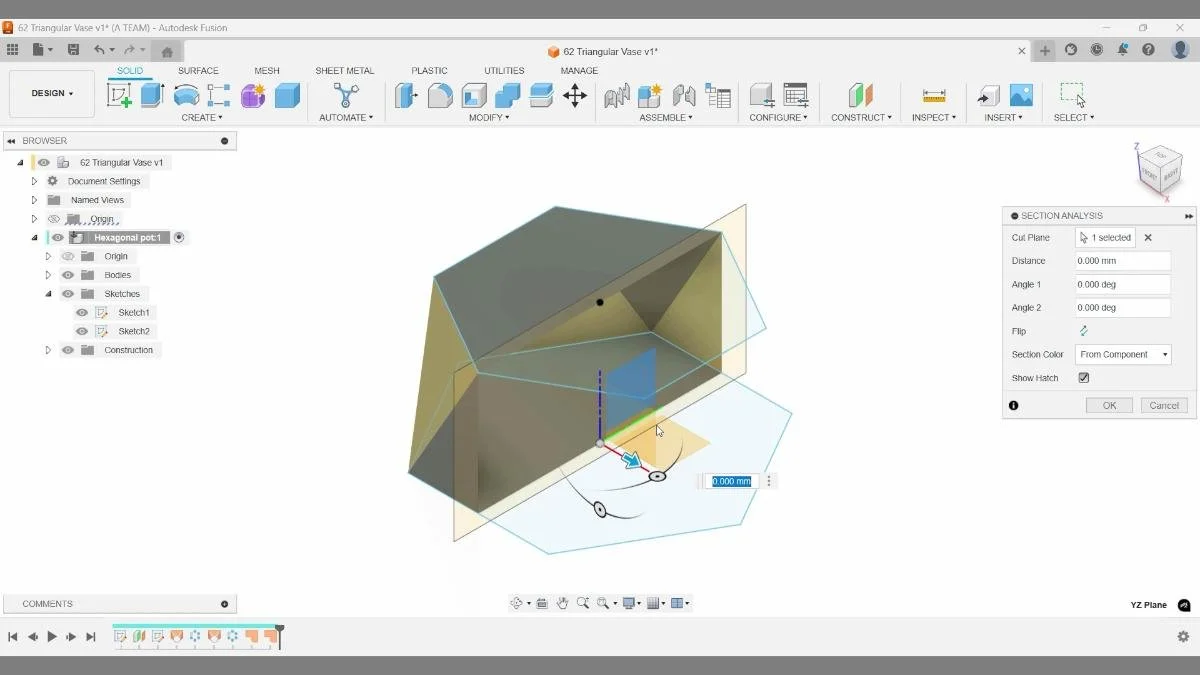 Fusion Section Analysis inspecting interior of triangular vase surface model