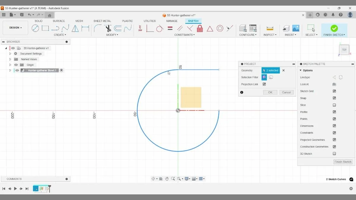 Projecting sketch geometry in Autodesk Fusion to reuse linked curves from the base sketch