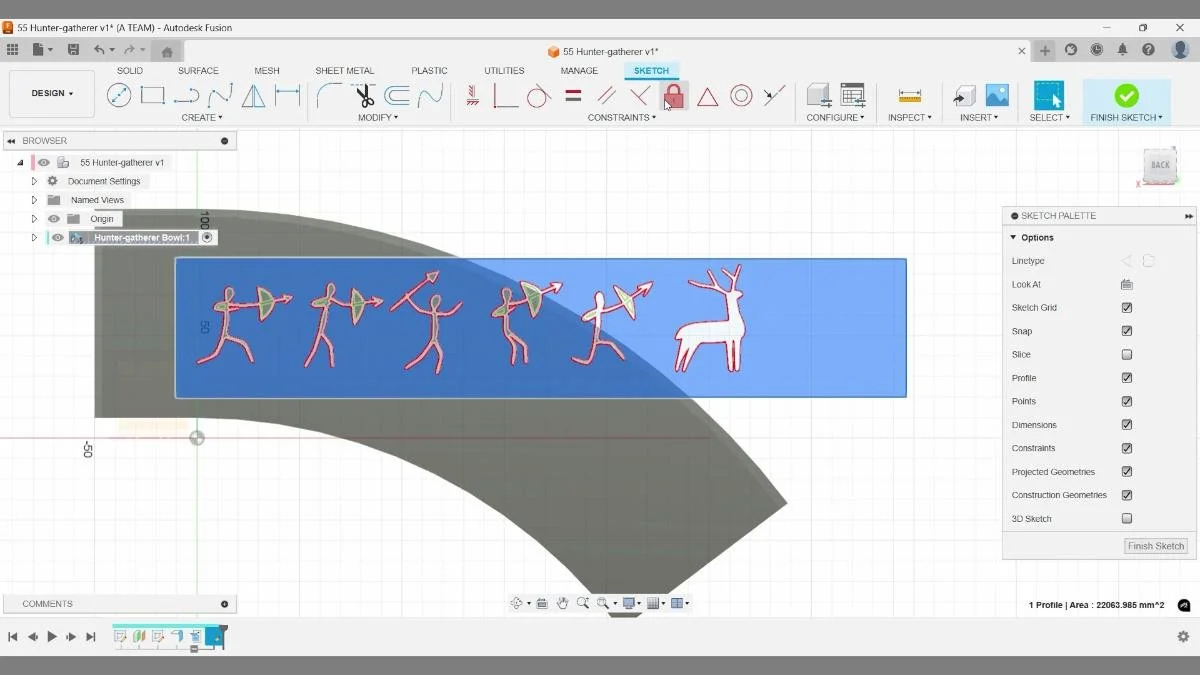 Arranging hunter-gatherer SVG figures across an unfolded sheet metal sketch in Autodesk Fusion