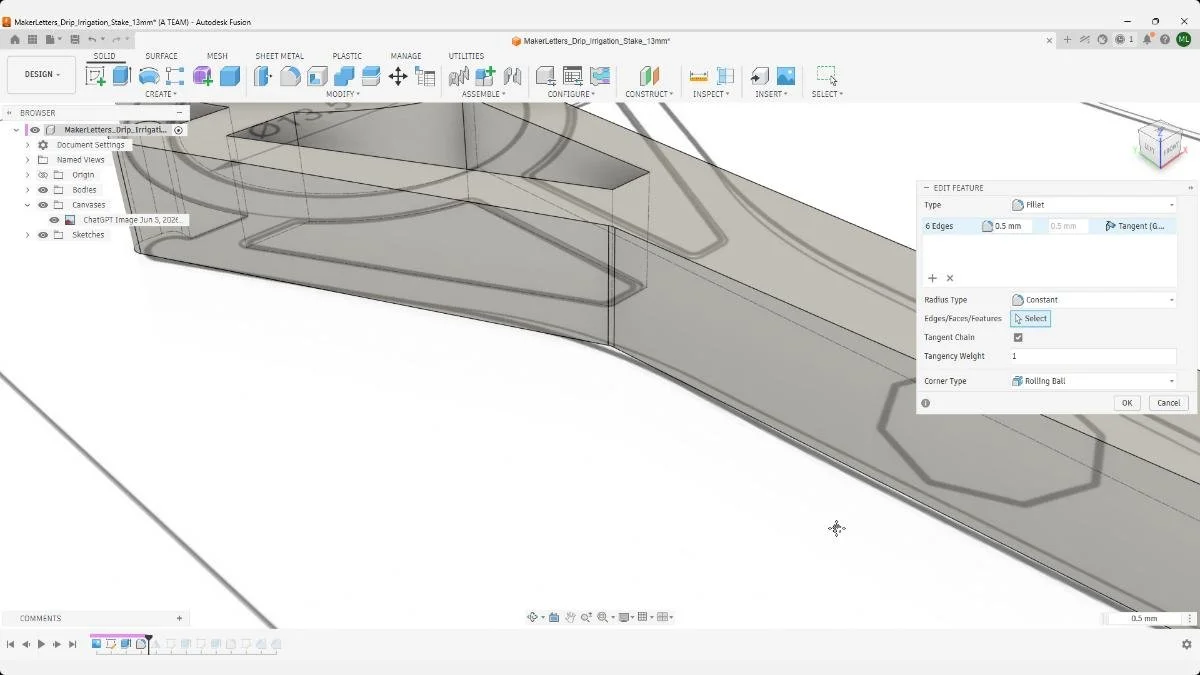 Fillet operation applied to drip irrigation stake body in Fusion.