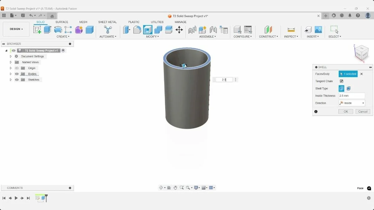 Fusion shell command creating hollow cylinder with 2.5 mm walls