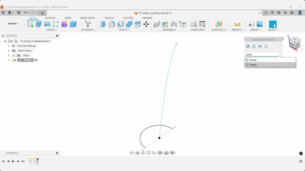 Fusion Sweep command selected for surface modeling.