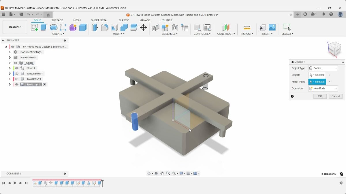 Fusion Mirror preview adds the opposite pin to the second mold-top support.