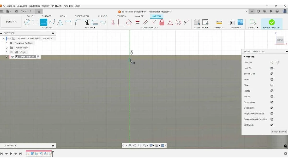 Creating a new sketch on the lower chamfer edge in Fusion.
