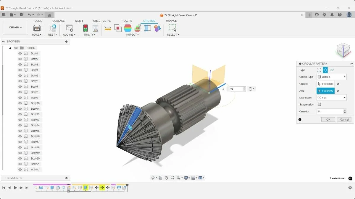 Circular pattern creating 24 bevel gear teeth in Fusion