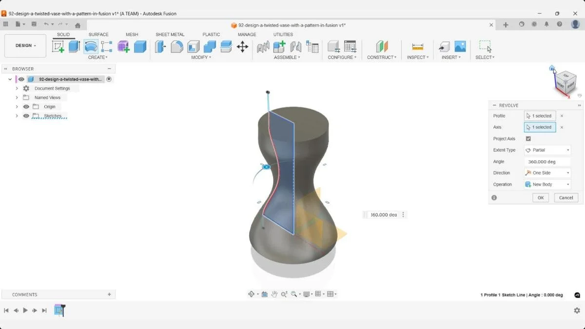 Fusion revolve preview showing the vase profile and fit point spline being revolved 360 degrees around the center axis to create the main vase body as a new solid.