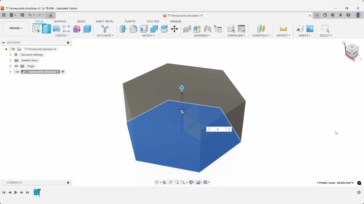 Extruding the hexagon sketch into a solid body in Autodesk Fusion.