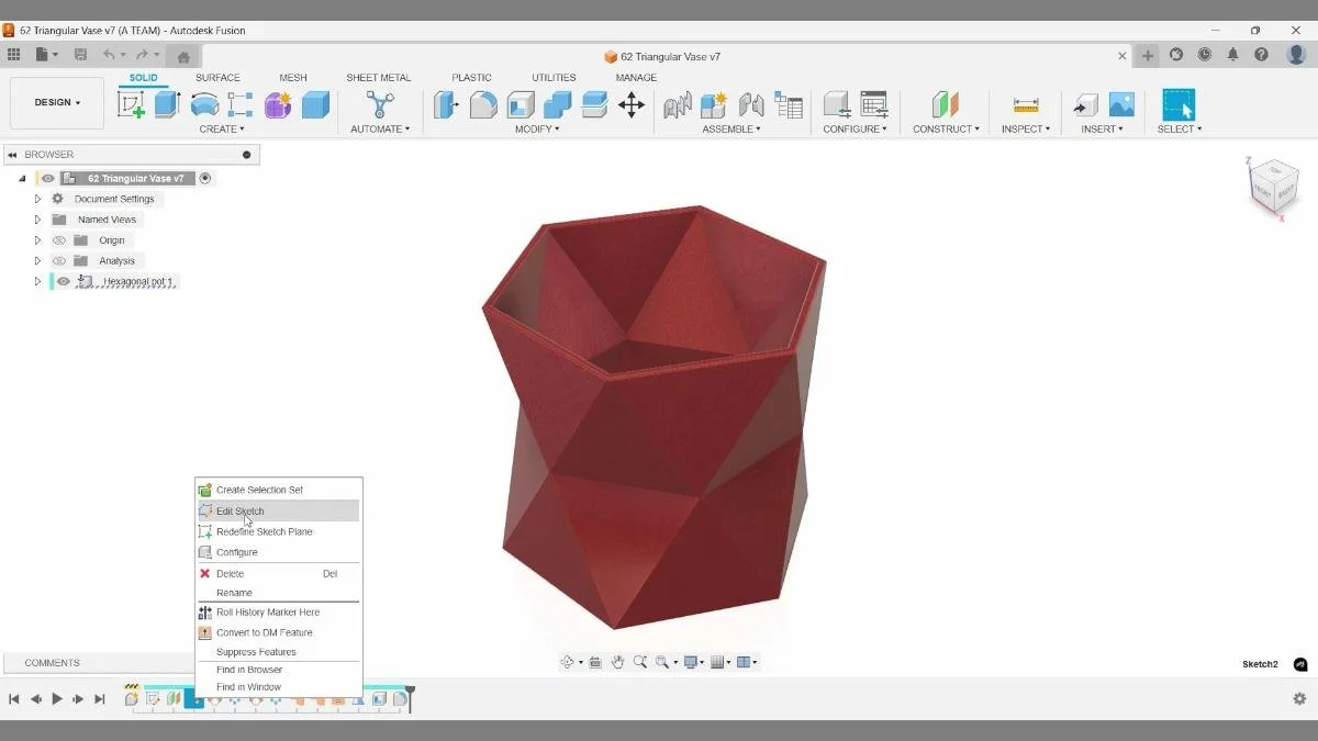 Fusion timeline command editing sketch in parametric model
