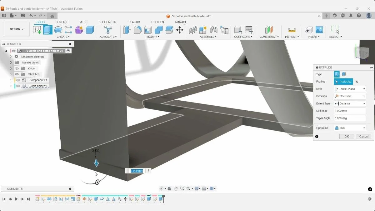Fusion Extrude adding 3 mm thickness to the bottle holder base with the Join operation.