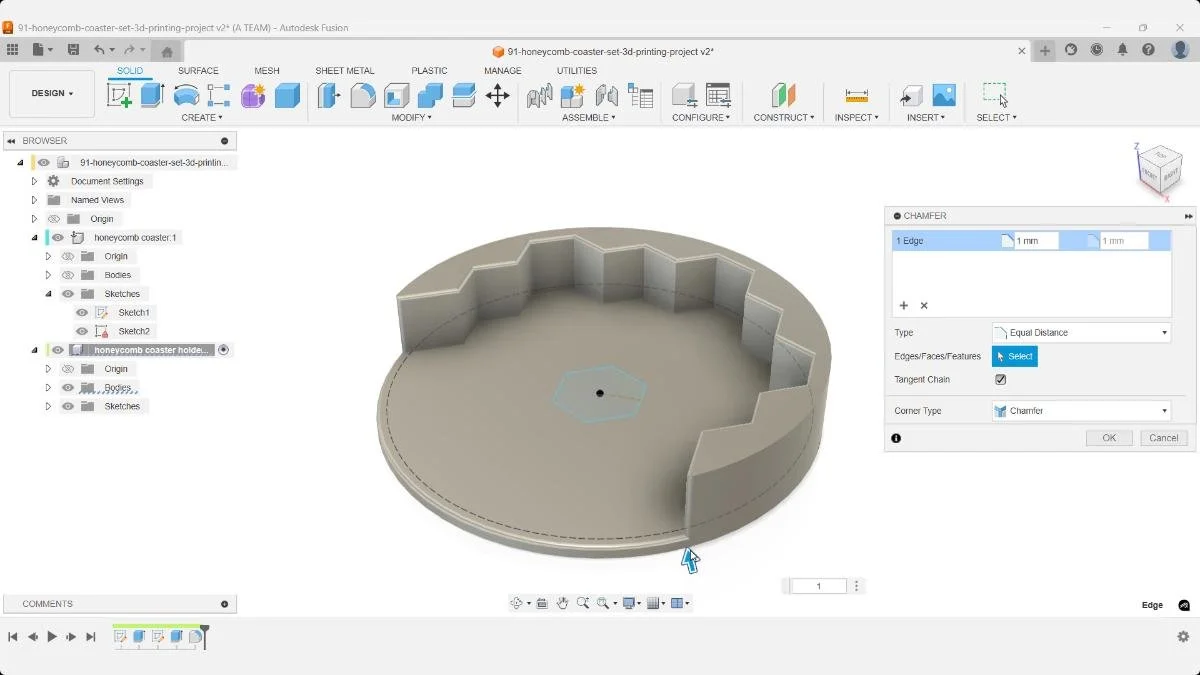 Adding a 1 mm chamfer to the coaster holder base for a clean finish and better print adhesion.