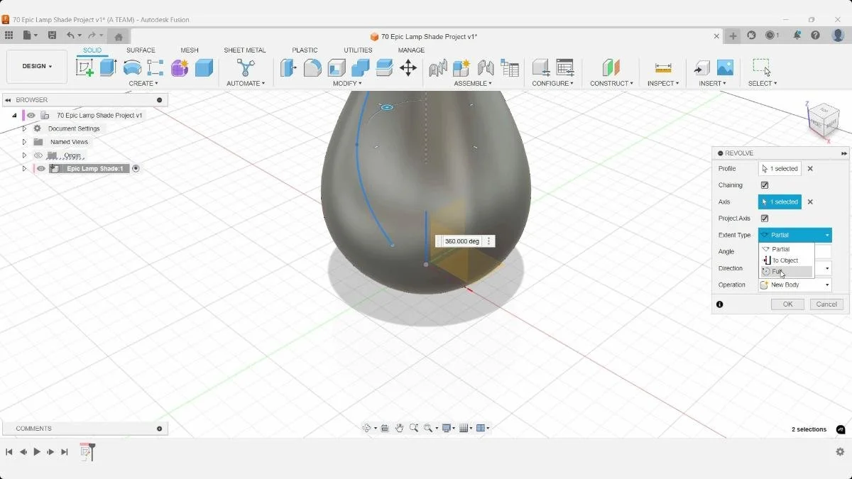 Fusion revolve surface body for lampshade