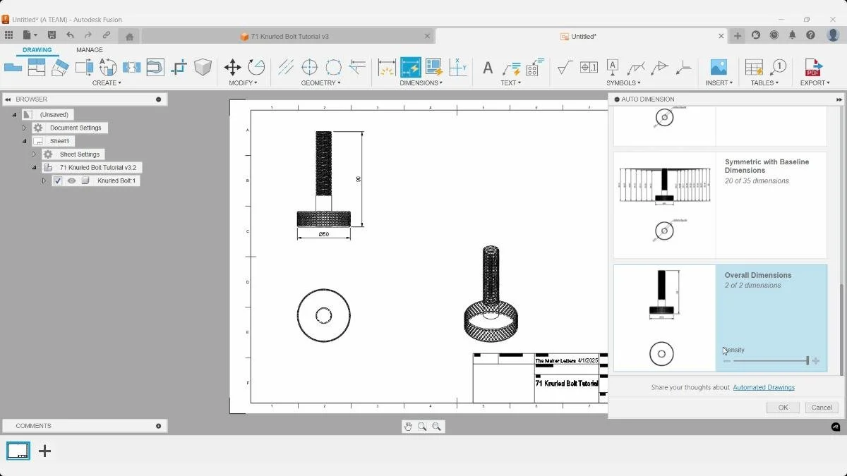 Fusion auto dimension tool for technical drawing