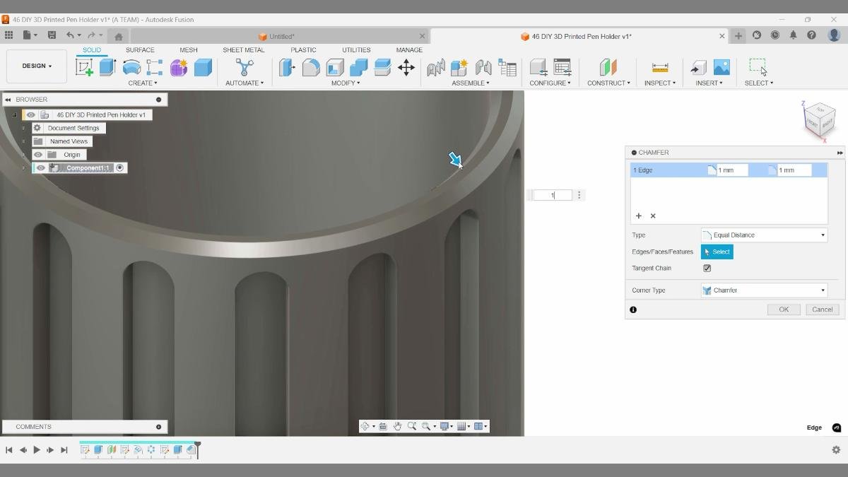 Adding a 1 mm chamfer to the top edge in Fusion for smoother prints.