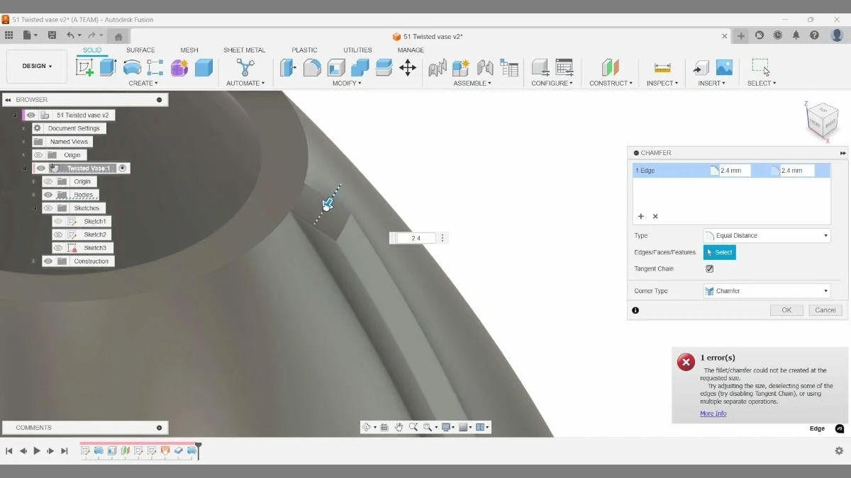 Chamfer tool error caused by tight geometry.