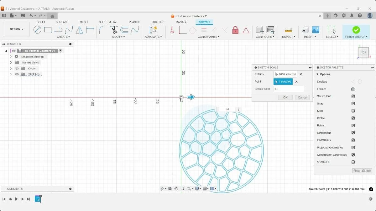 Fusion Sketch Scale enlarging the Voronoi coaster pattern by a factor of 1.6.