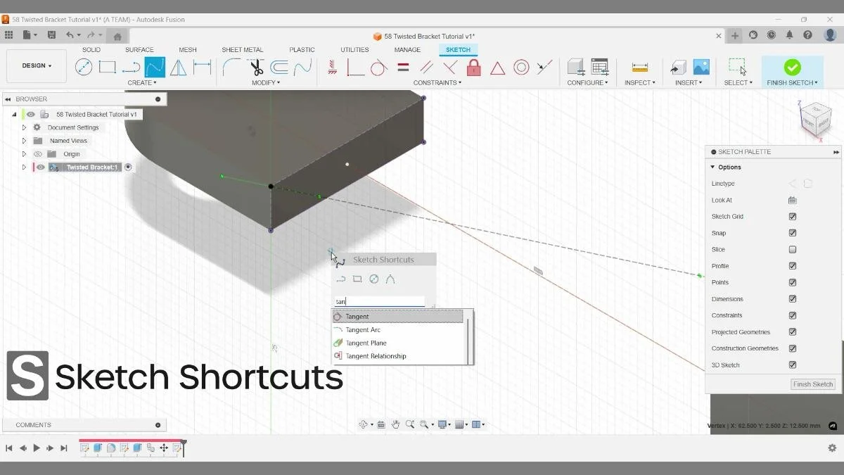 fusion sketch shortcuts tangent tool 3d sketch tutorial