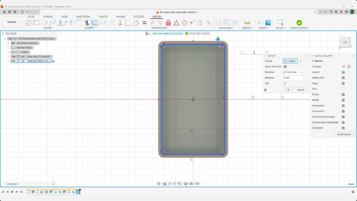 Fusion offset sketch for soap tray frame