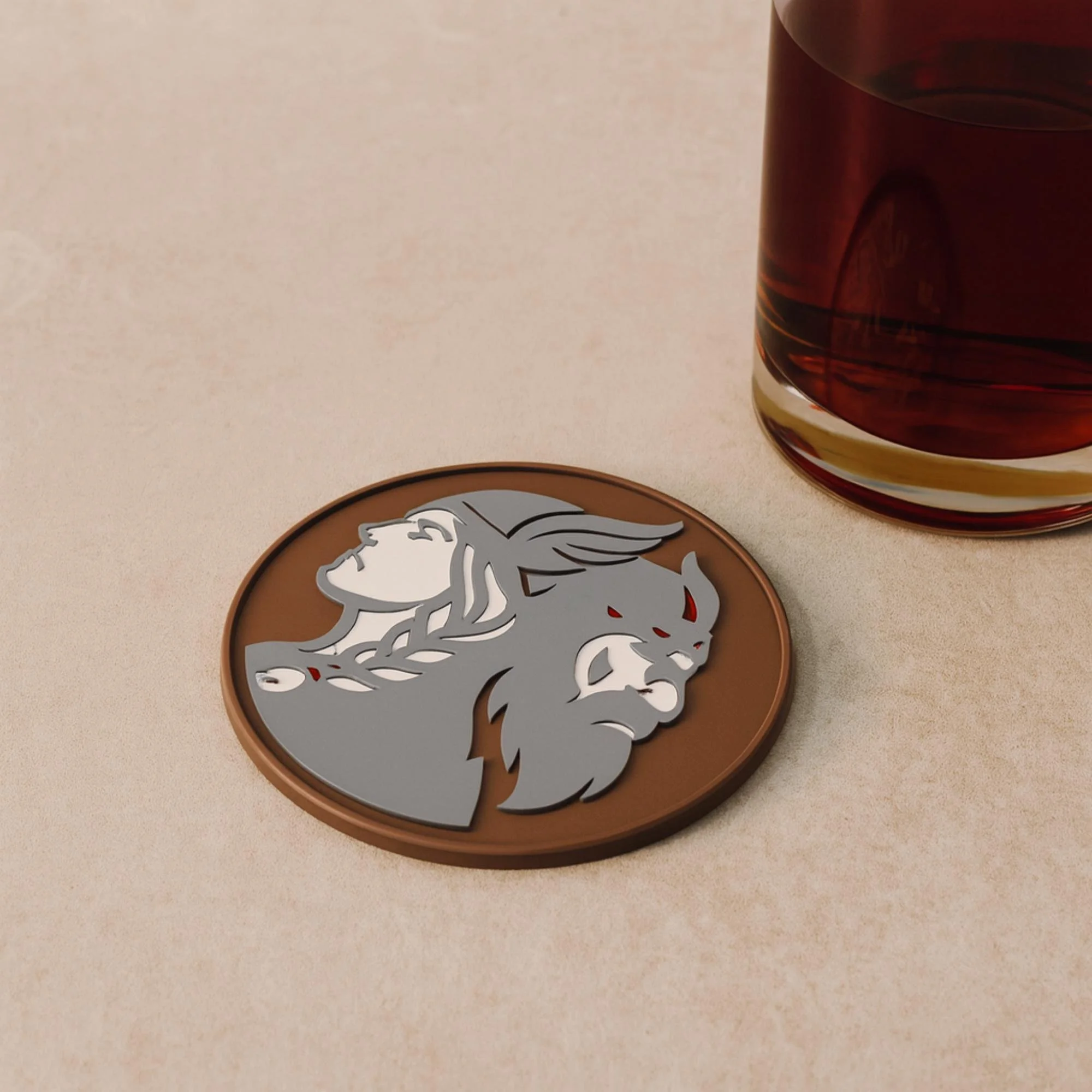 Viking warrior helmet coaster with stylized face design in 3D print style