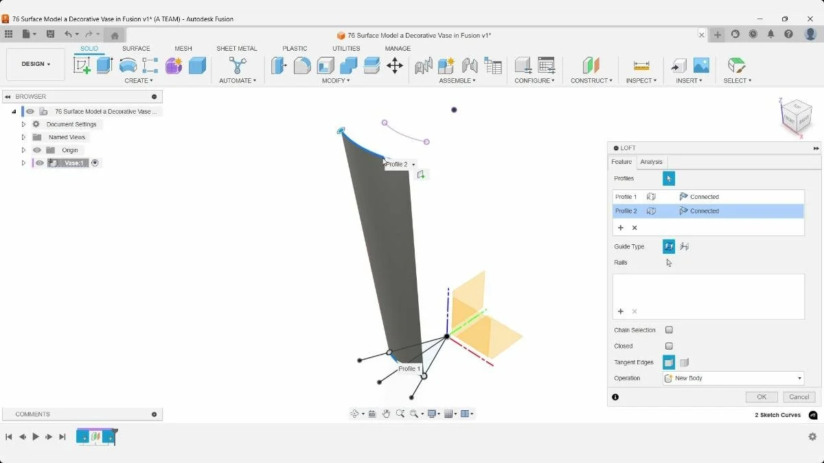 Surface Loft connecting two open sketch profiles in Autodesk Fusion.
