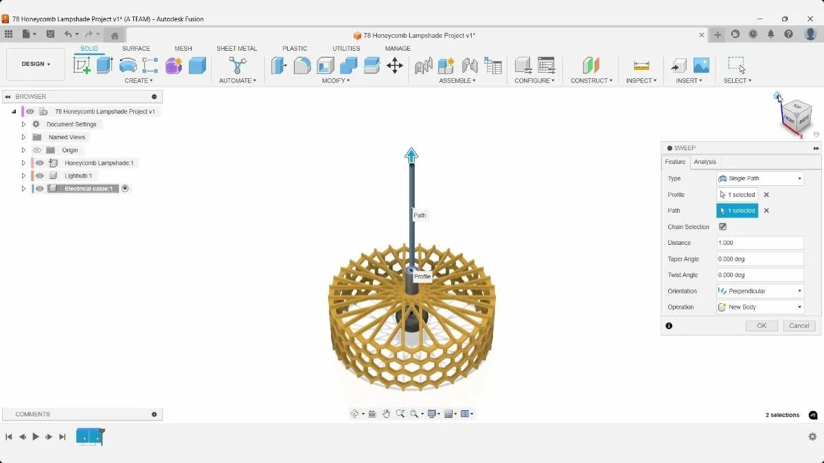 Fusion Sweep tool creating the electrical cable along the honeycomb lampshade cable path.