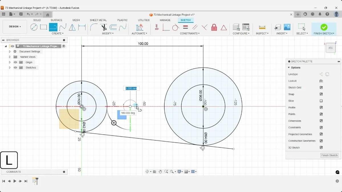 Construction line for sketch mirroring in Fusion