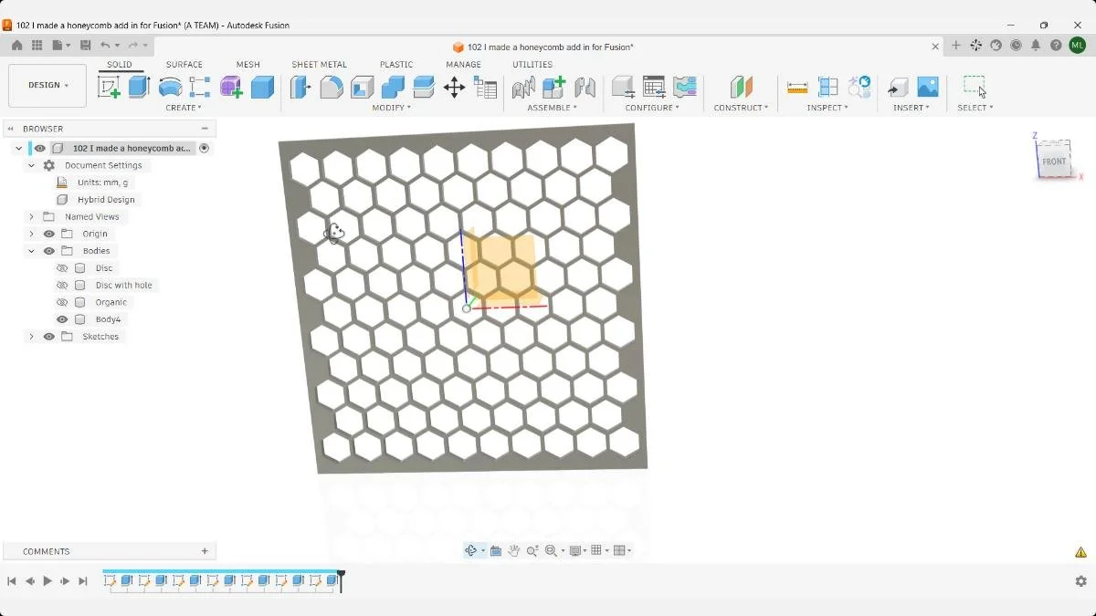 A rectangular honeycomb grille with hexagonal through-openings displayed in Fusion.