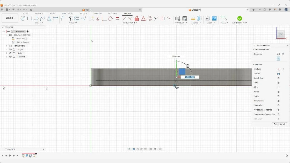 fusion center rectangle sketch side profile
