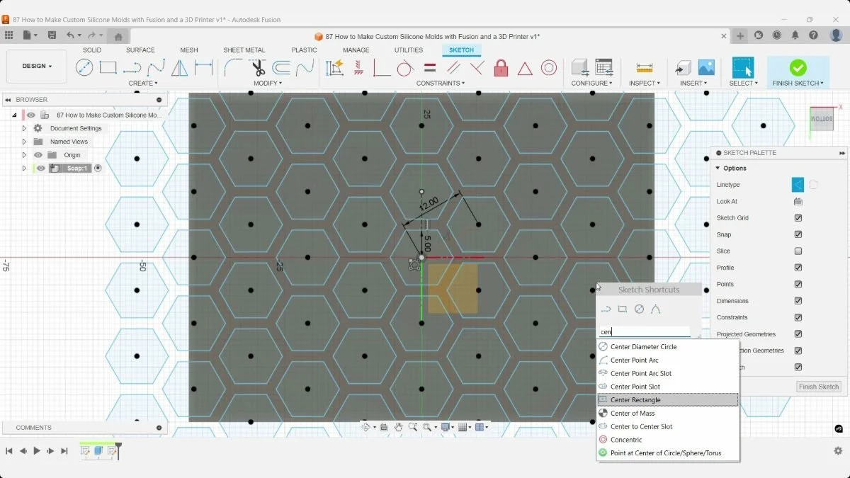 Fusion Sketch Shortcuts search with Center Rectangle highlighted over the honeycomb soap pattern.