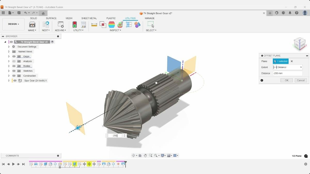 Offset plane created from bevel gear apex reference in Fusion