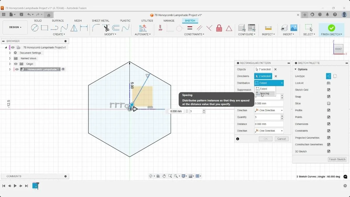 Fusion Rectangular Pattern dialog with Spacing distribution selected for the honeycomb sketch.