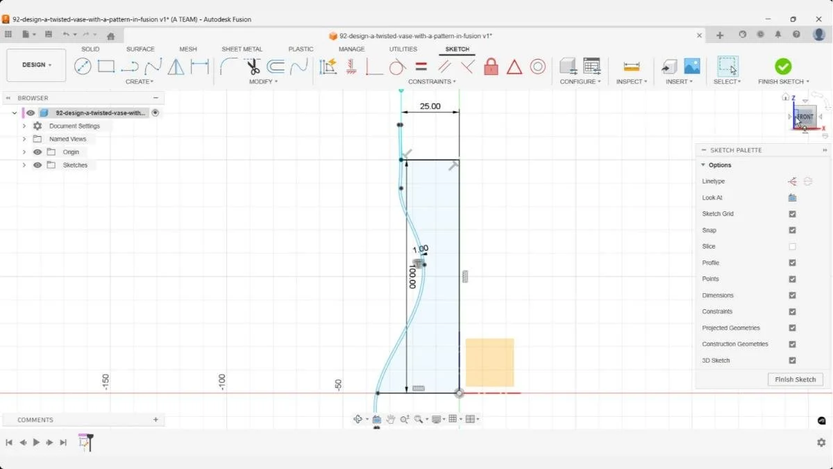 Fusion design workspace showing the fully constrained vase profile sketch with a 100 mm vertical line, 25 mm top width, and a fit point spline (step 2) defining the curved side profile before using the revolve feature.