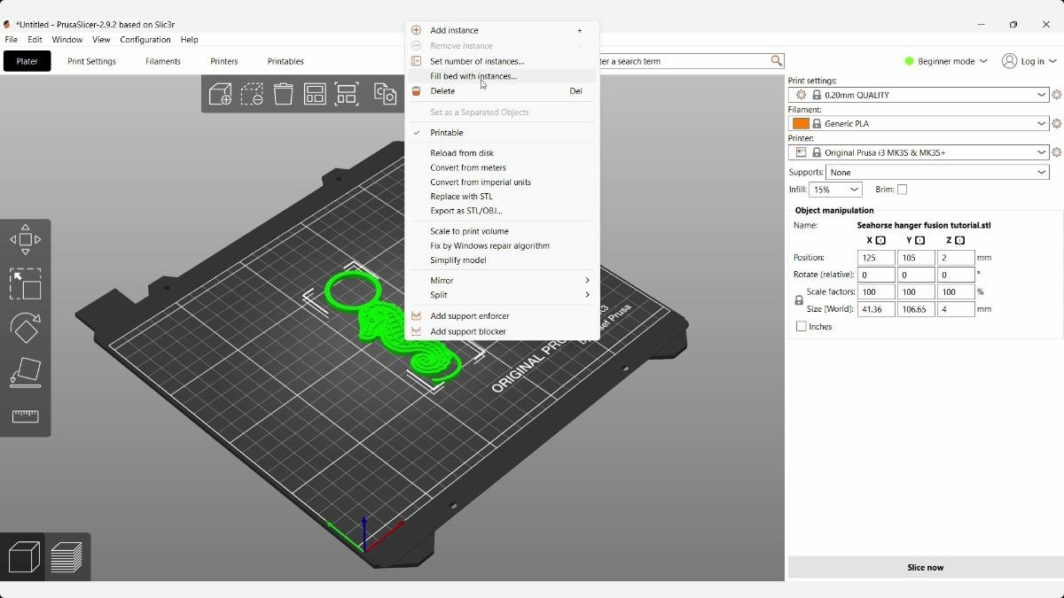 PrusaSlicer menu for duplicating a seahorse hanger on the build plate.