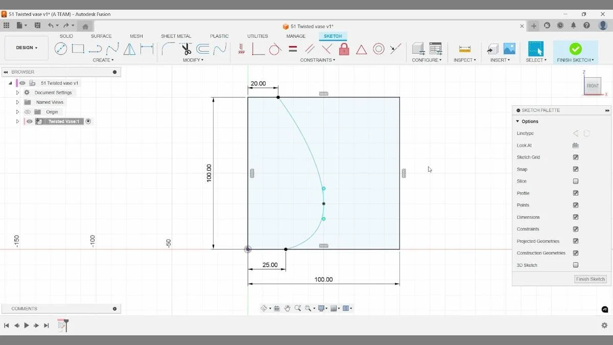 Fusion sketch with spline defining vase profile.