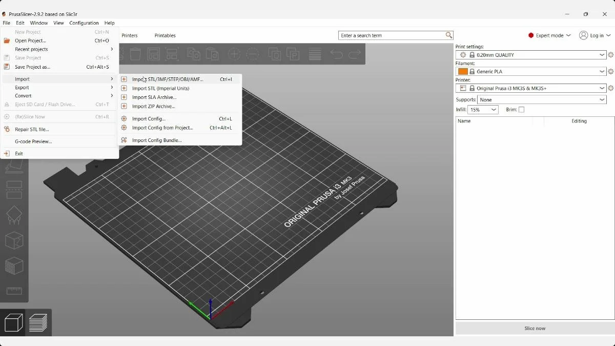 PrusaSlicer File menu open to import a Viking coaster STL or 3MF file.