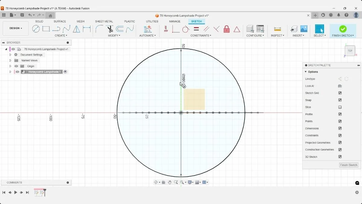 Fusion centered circular sketch defining the honeycomb lampshade body boundary.