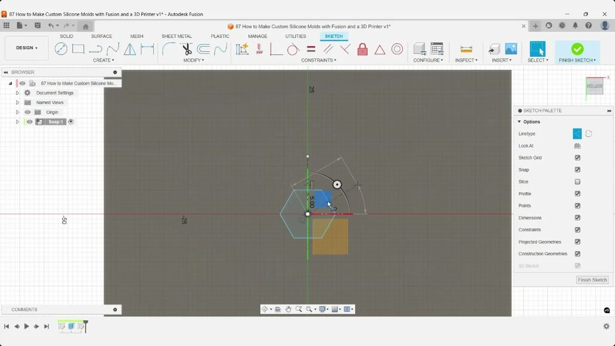 Fusion honeycomb sketch with construction lines and an angular dimension beside the first hexagon.