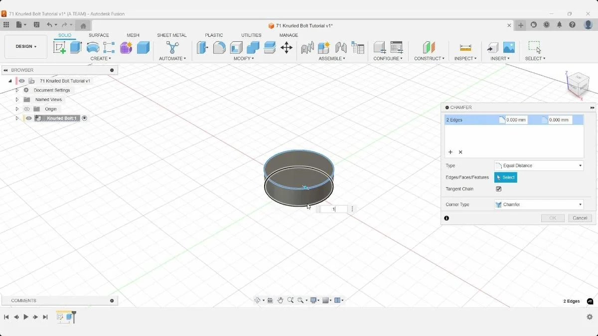 Fusion chamfer operation on cylindrical bolt edges