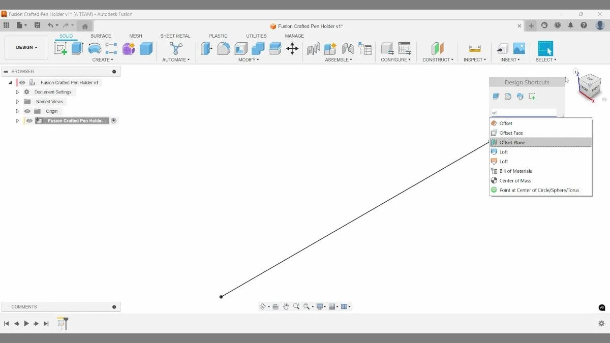 fusion design shortcuts offset plane setup pen holder