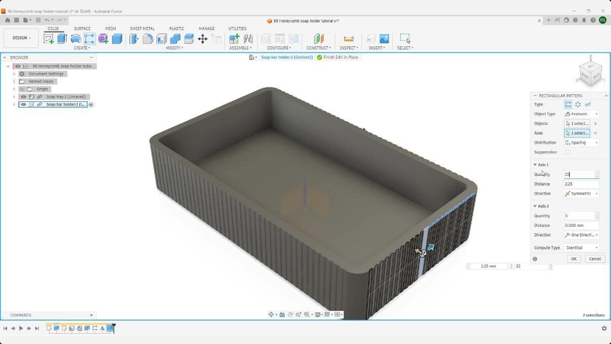 Fusion rectangular pattern setup on soap holder short side