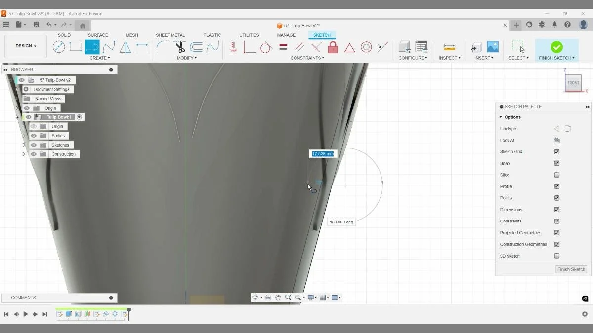 fusion sketch closing profile for revolve cut on tulip bowl