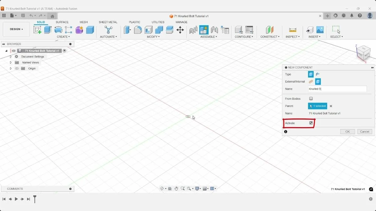 Fusion new component dialog for knurled bolt project
