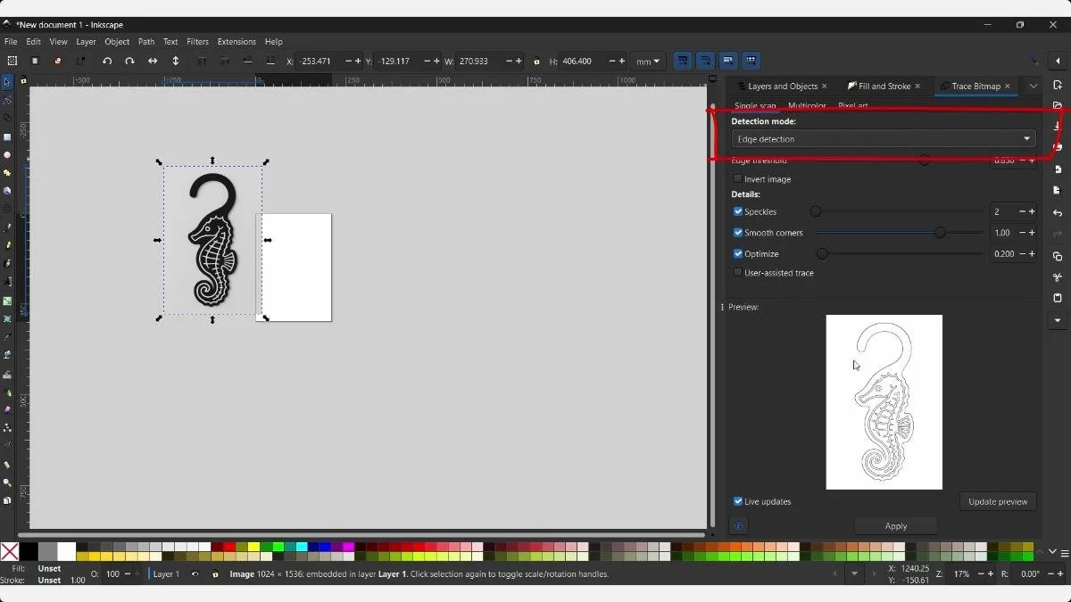 Inkscape displays the seahorse artwork beside the Trace Bitmap controls.