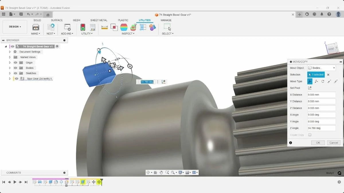 Rotating a single gear tooth body in Fusion using the Move/Copy tool.