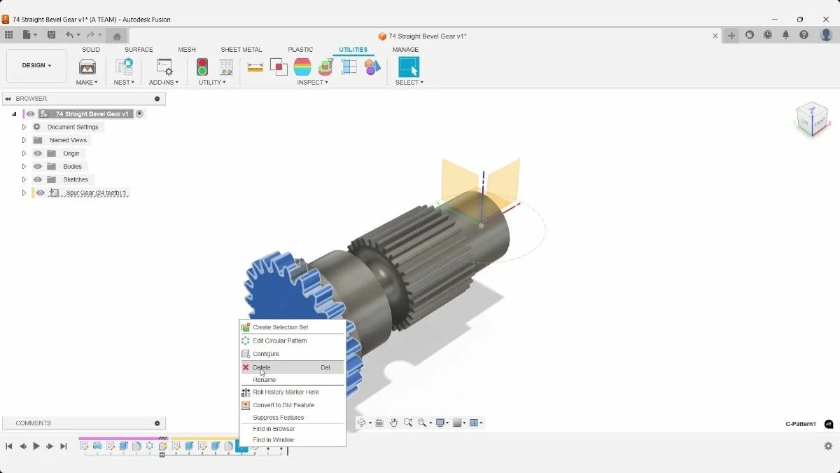 Deleting circular pattern feature from spur gear timeline in Fusion