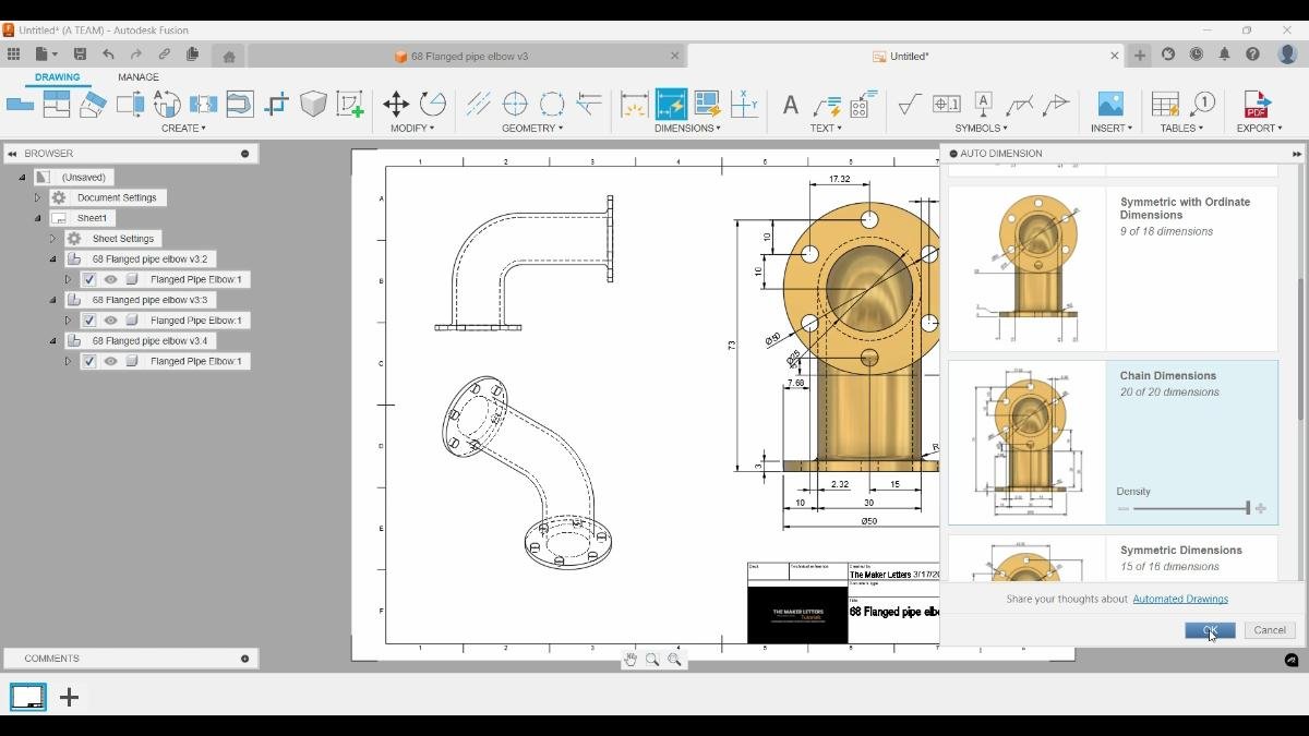 Auto dimension tool applied to pipe elbow drawing in Fusion