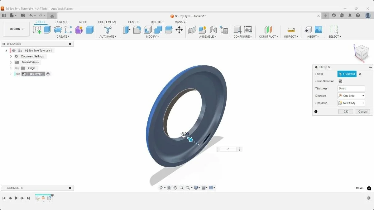 Fusion thicken command converting surface to solid