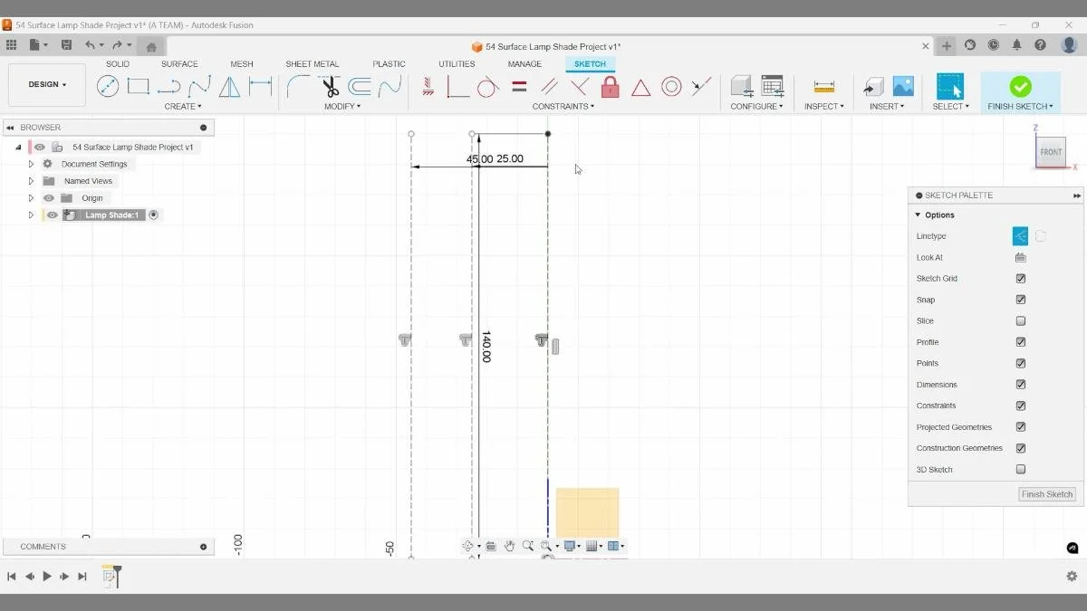 Fusion lamp shade initial layout sketch with reference dimensions