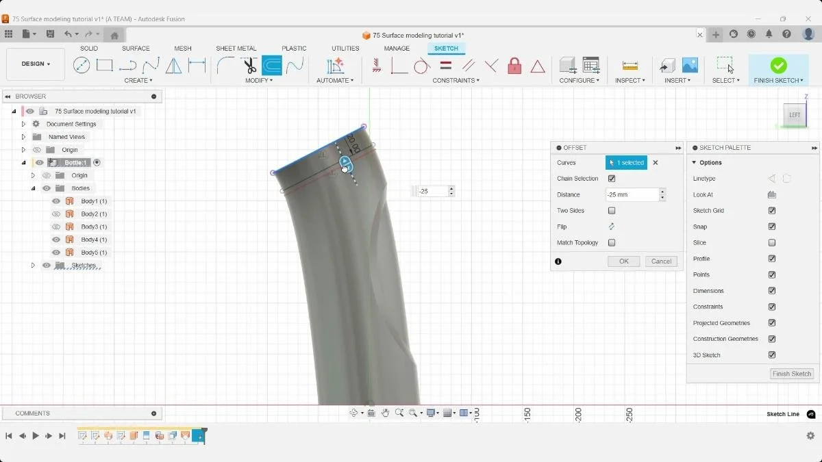 Second offset line created 25 mm from the projected edge.